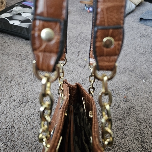 Anne Klein Faux Crocodile Brown Purse Handbag Chain Giraffe Block Safari Lining - Picture 11 of 12